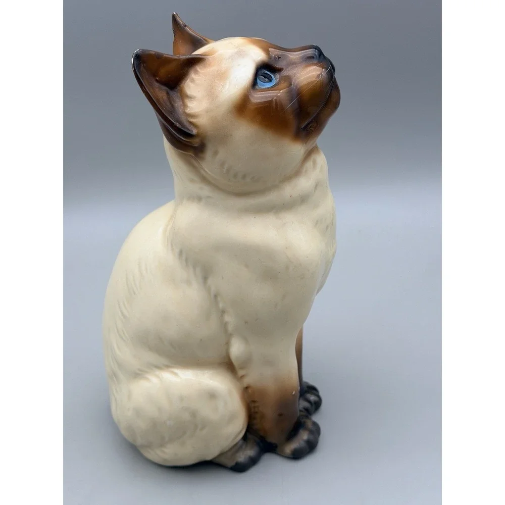 Vintage Siamese Cat Figurine Japan Blue Eyes Ceramic Mid Century 10